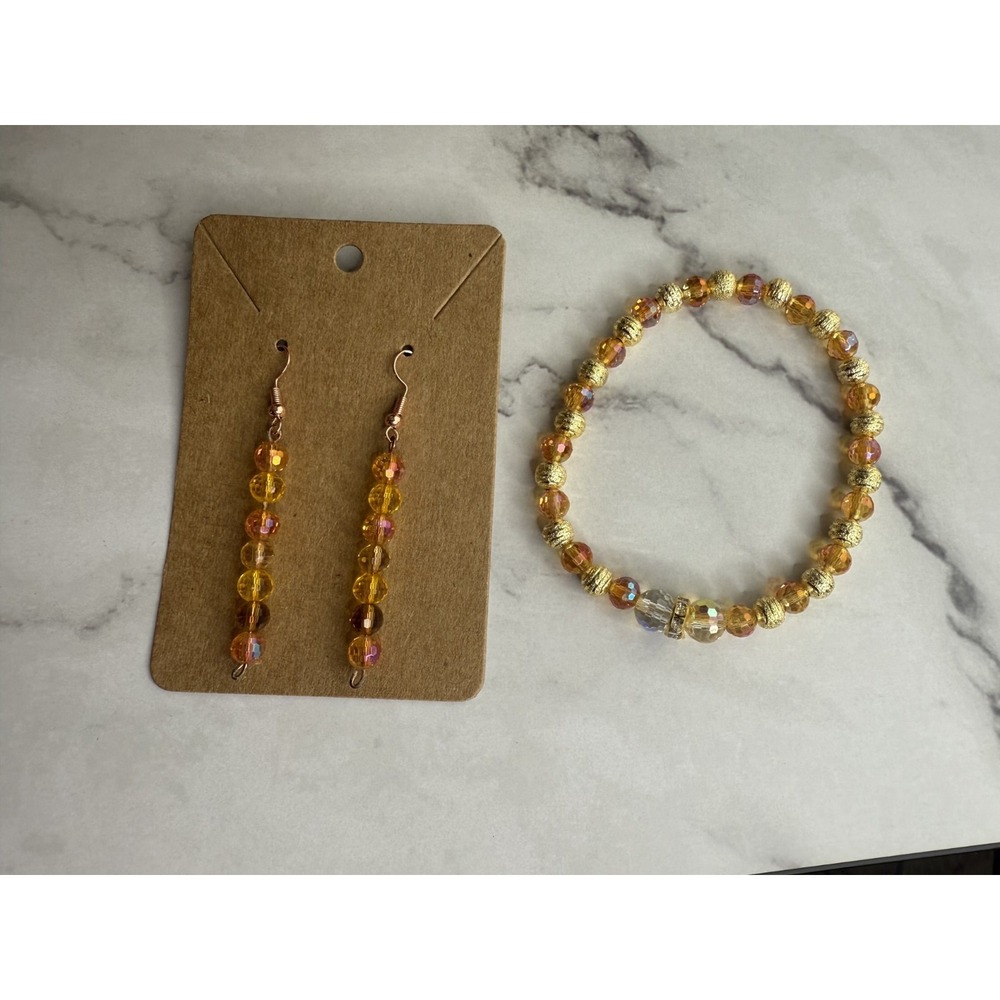 handmade‎ beaded dangle earrings and bracelets set orange pink and gold tone